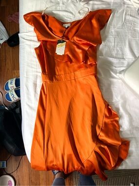 Too Petite Brand @ Loft 
Satin Ruffle Orange Women's Dress Size Small